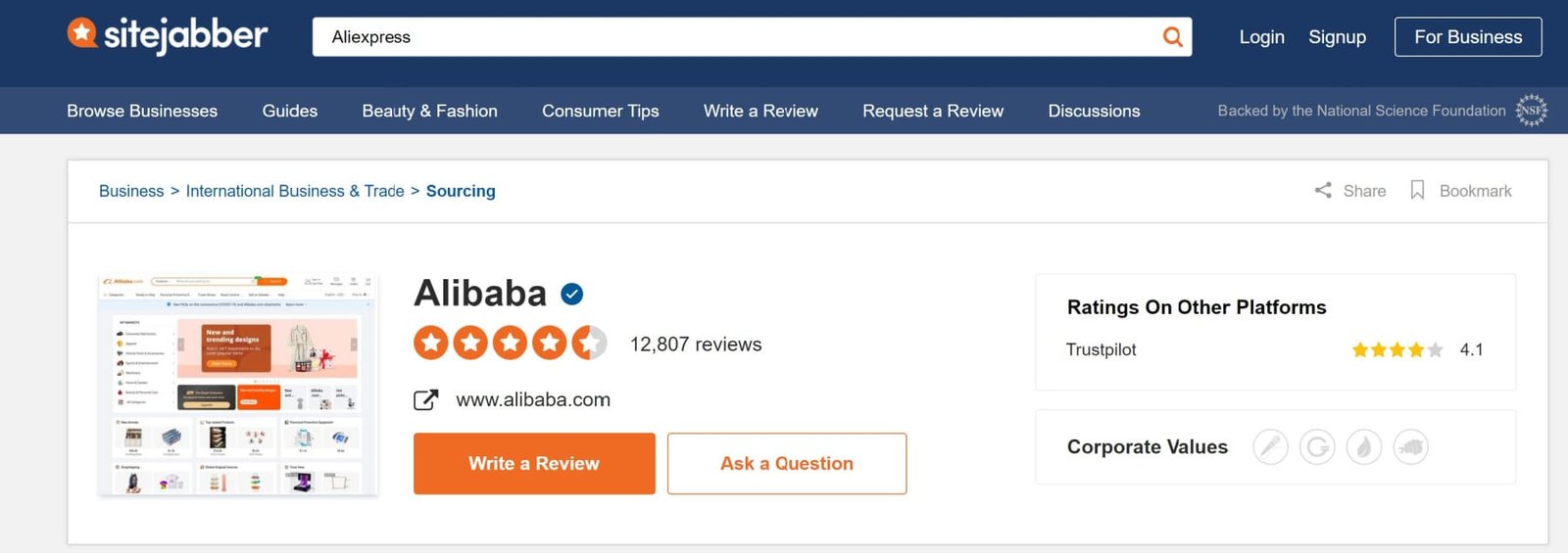 Alibaba reviews on Sitejabber