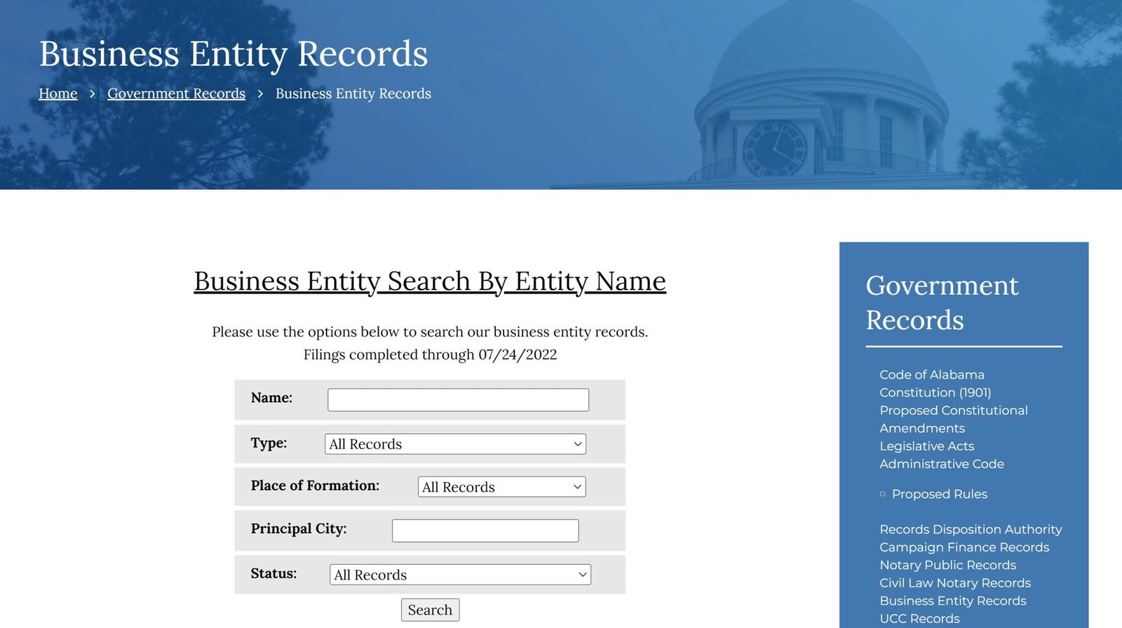 Alabama Business name search page, 2