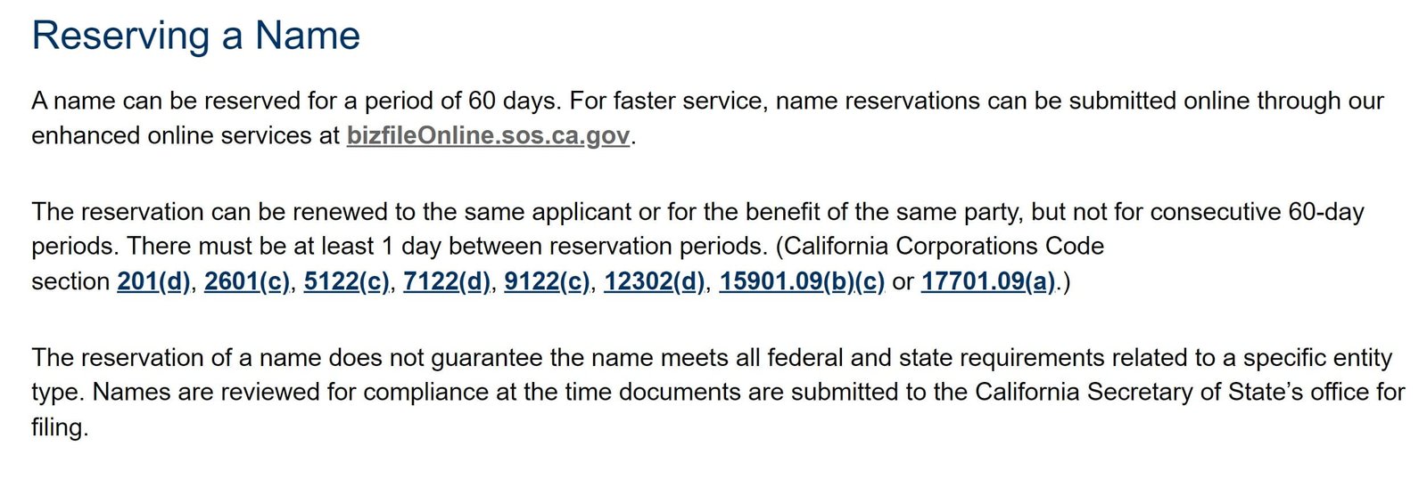 California business name reservation info