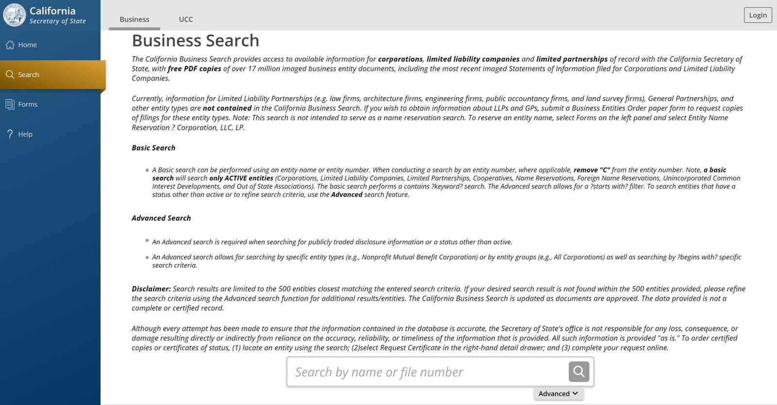 California business name search page