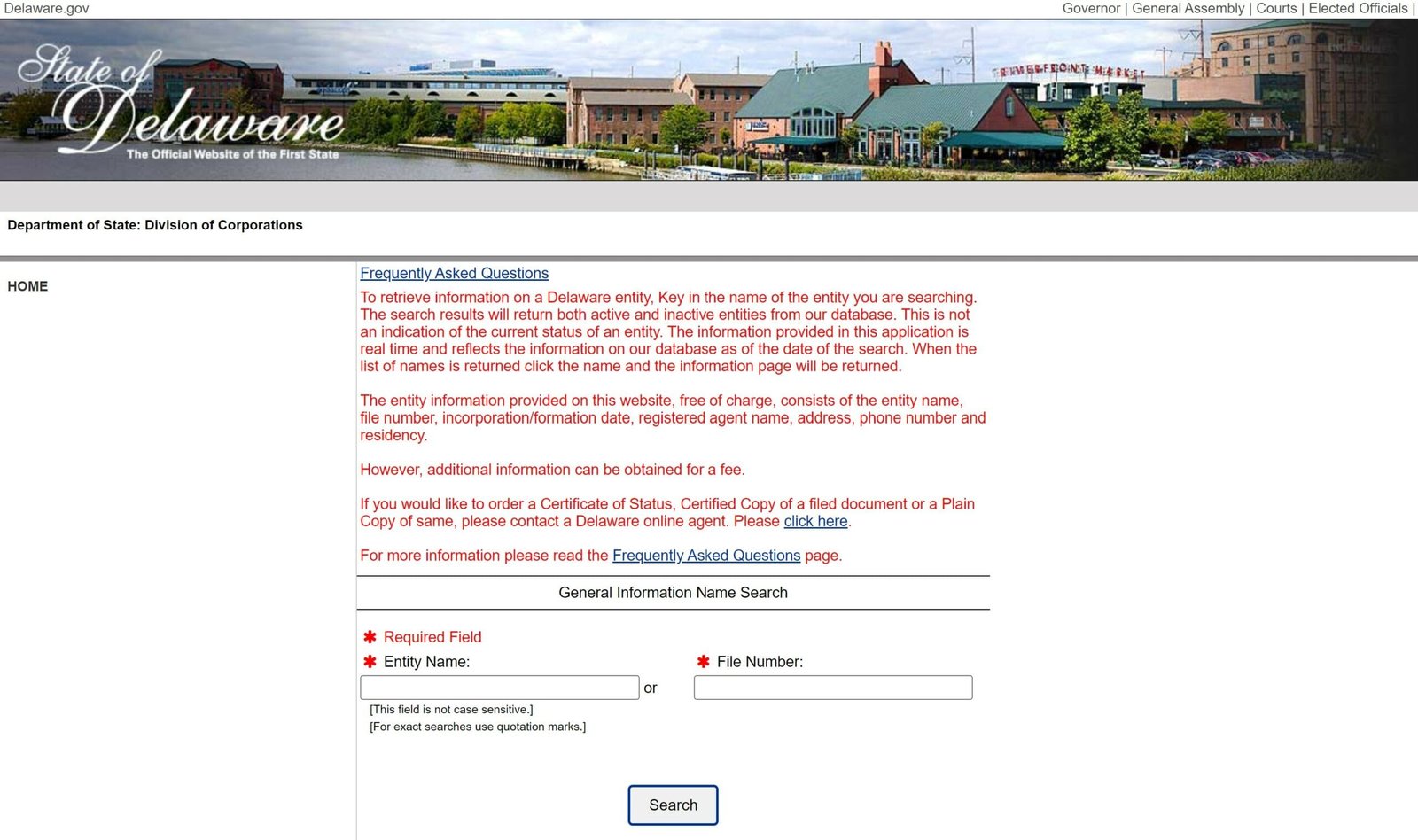 Delaware business entity name search page