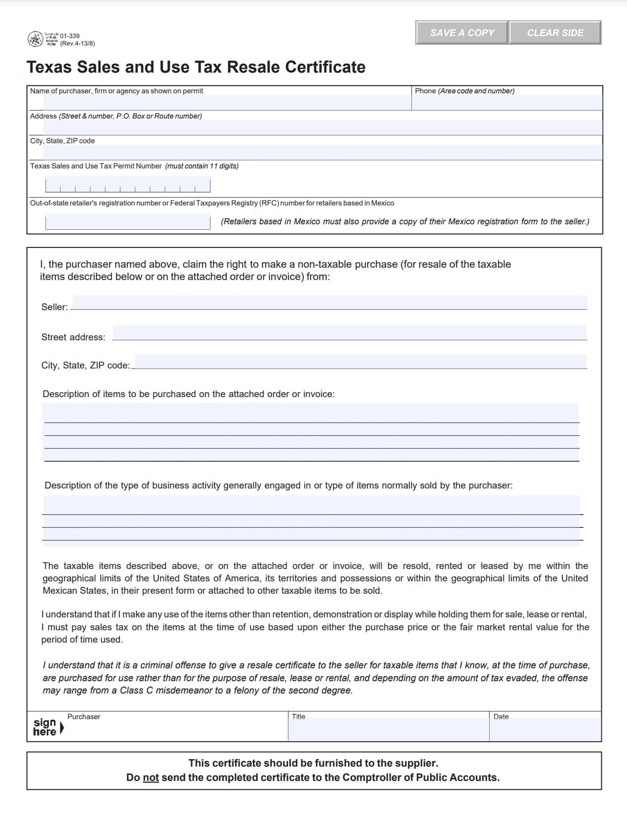 Texas Resale Certificate Application Part 1