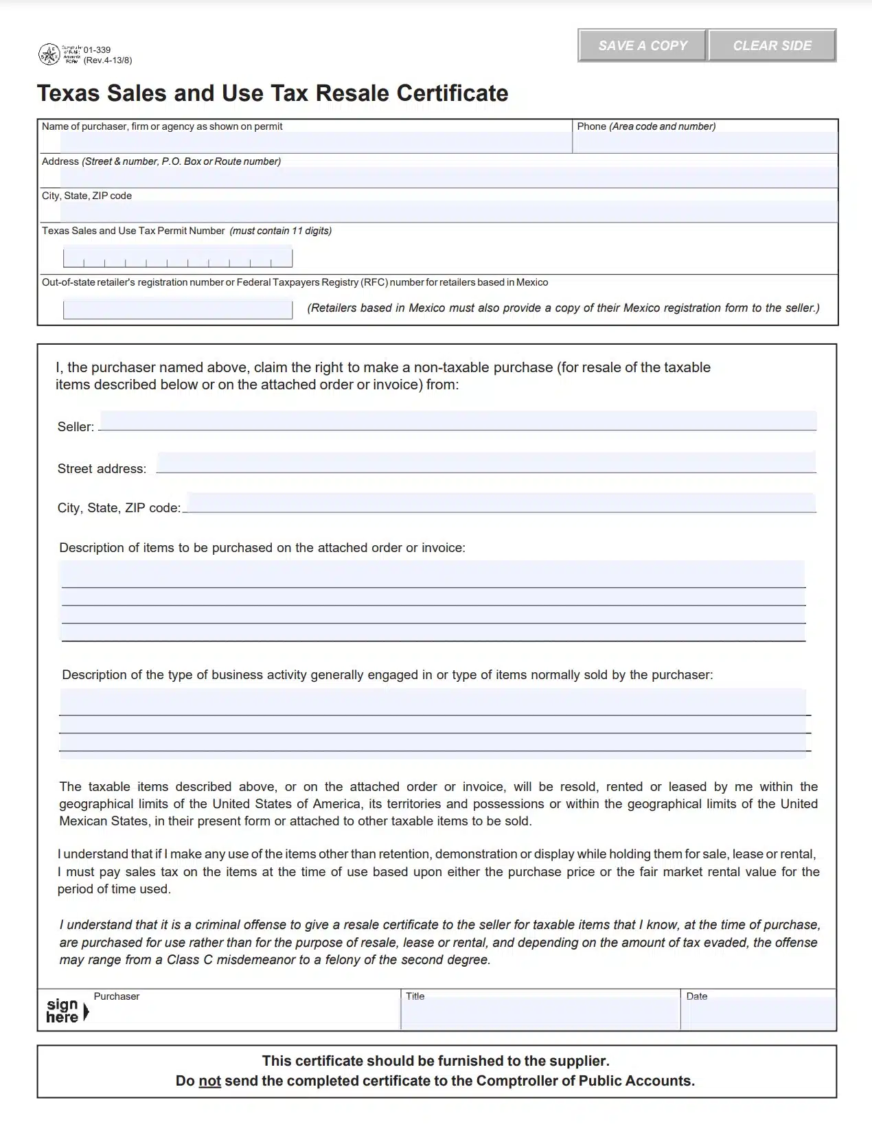 Texas Resale Certificate Application Part 1