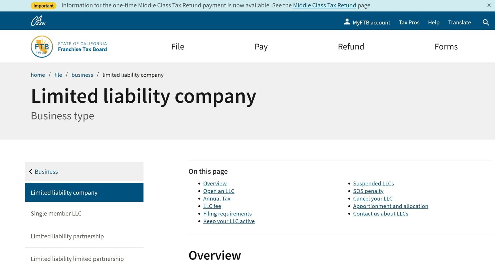 California FTB website limited liability company info