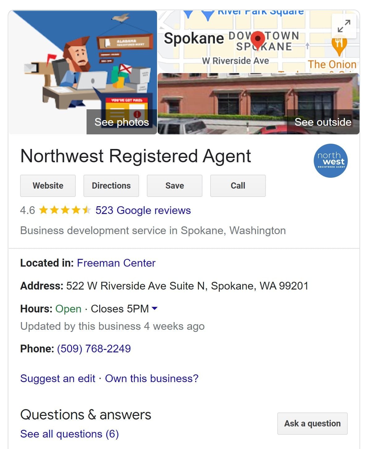 Northwest Registered Agent Google Business Profile Page