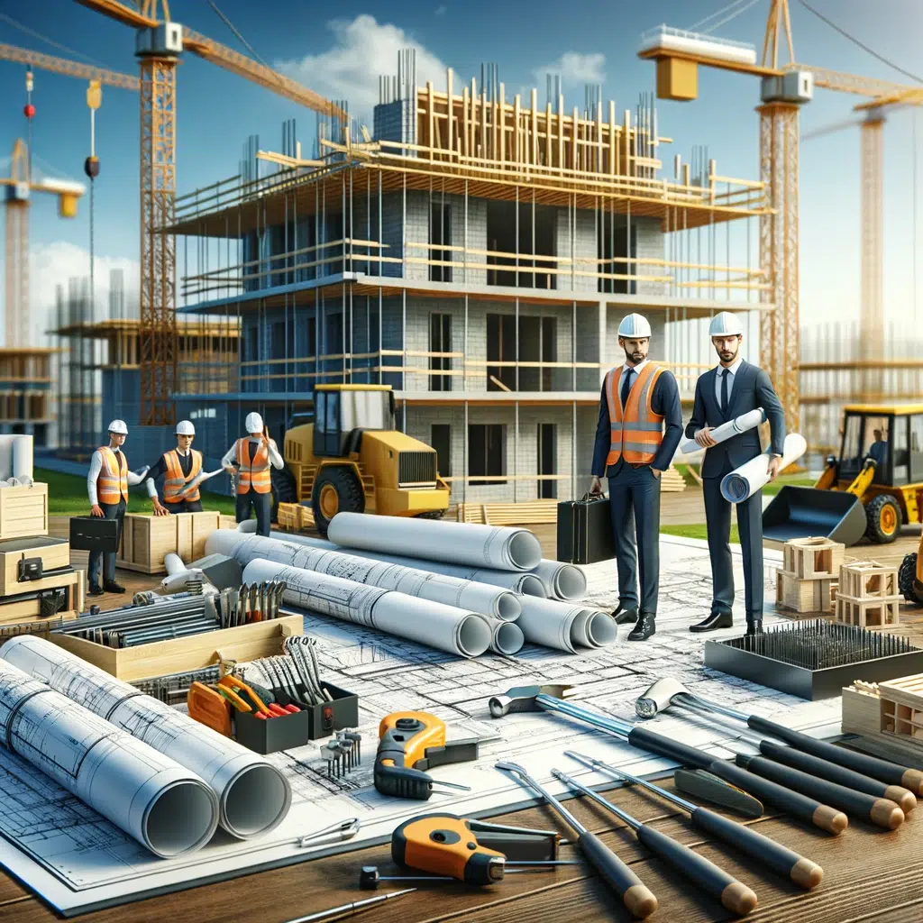 350 Contruction Company Names and Ideas. A construction site with several workers and blueprints