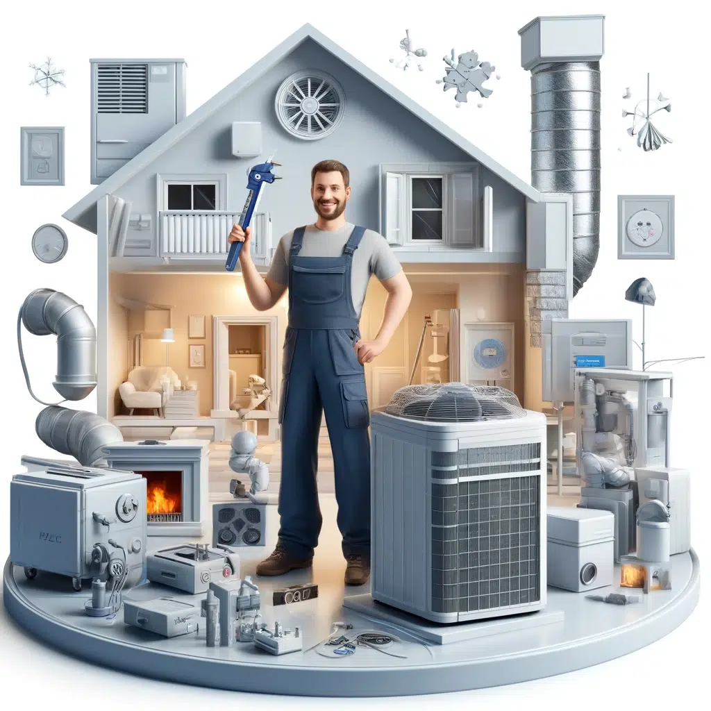 350 HVAC Business Names. A man standing in front of a house, with HVAC equipment.