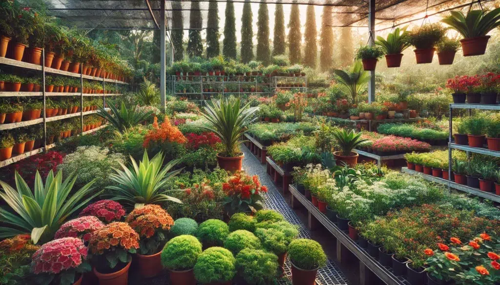 Inside view of a plant nursery with hundreds of green plants