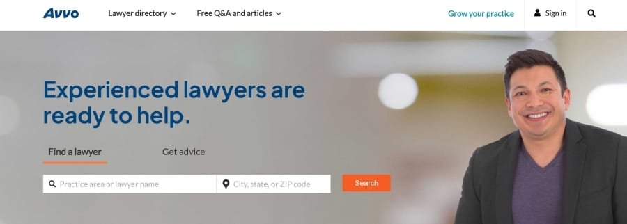 AVVO home page, a directory for business attorneys