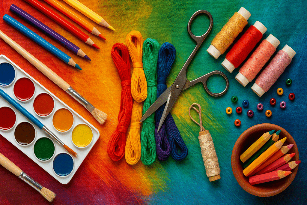Arts and Crafts tools like paint brushes, threads, yarn, paint.