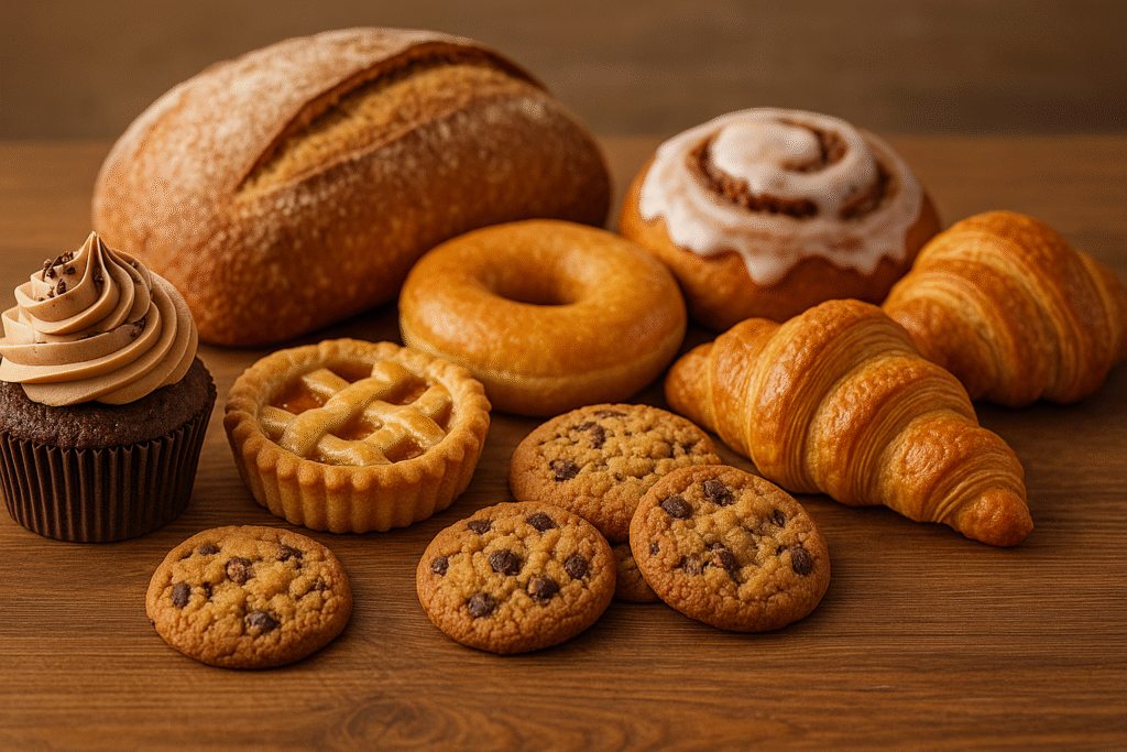 Loaf of bread, donuts, cookies for an article titled Bakery Business Name Ideas.
