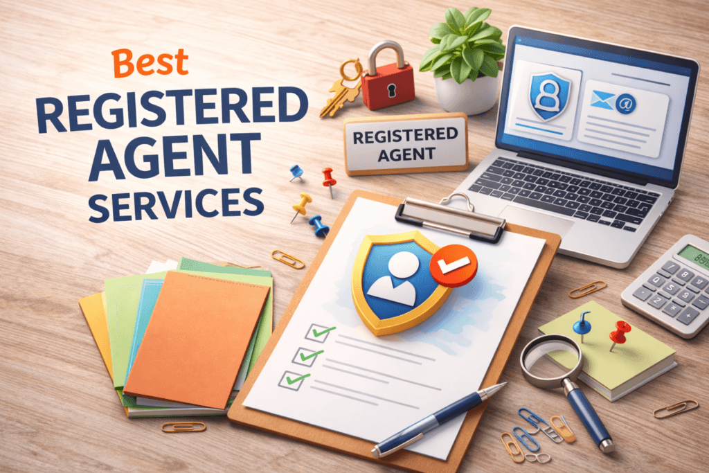 Desk with laptop, titled best registered agent services