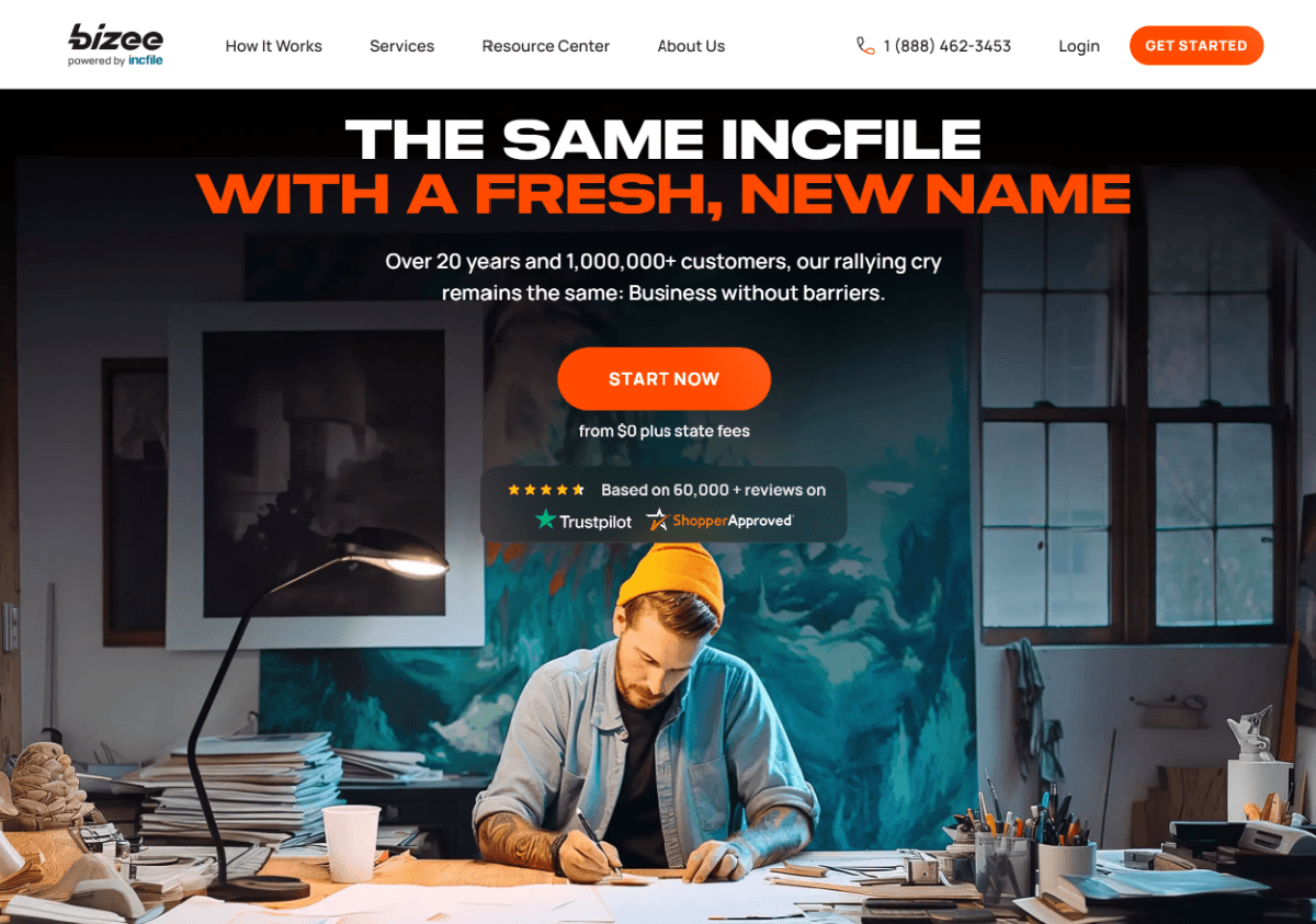 Bizee Homepage, a guy at a desk working alone