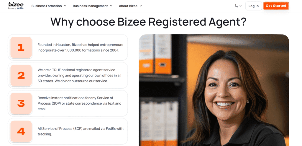 Bizee Registered Agent Page