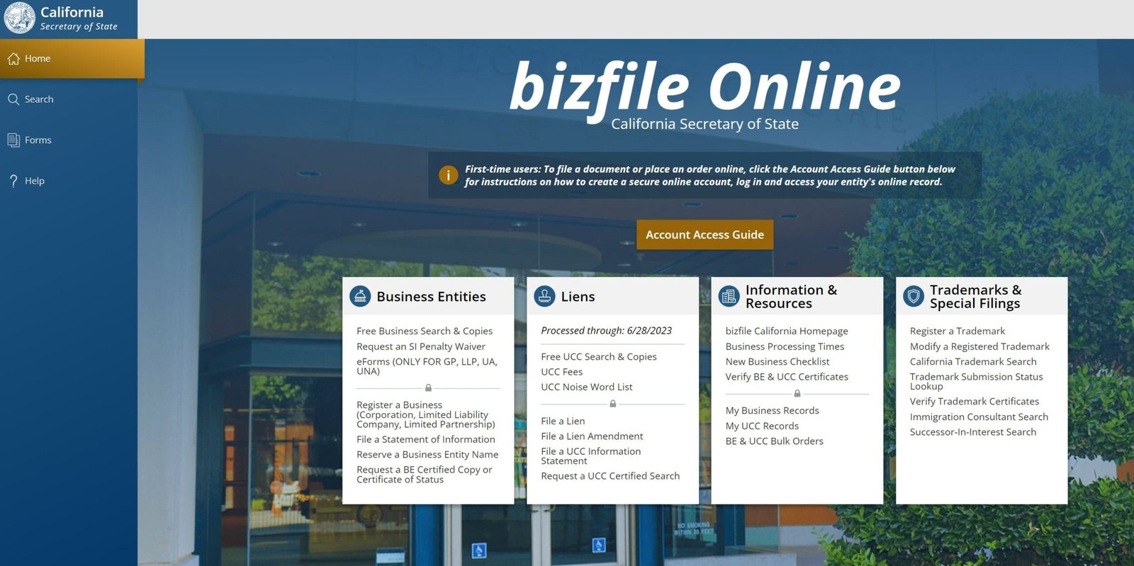 California Bizfile Online Page