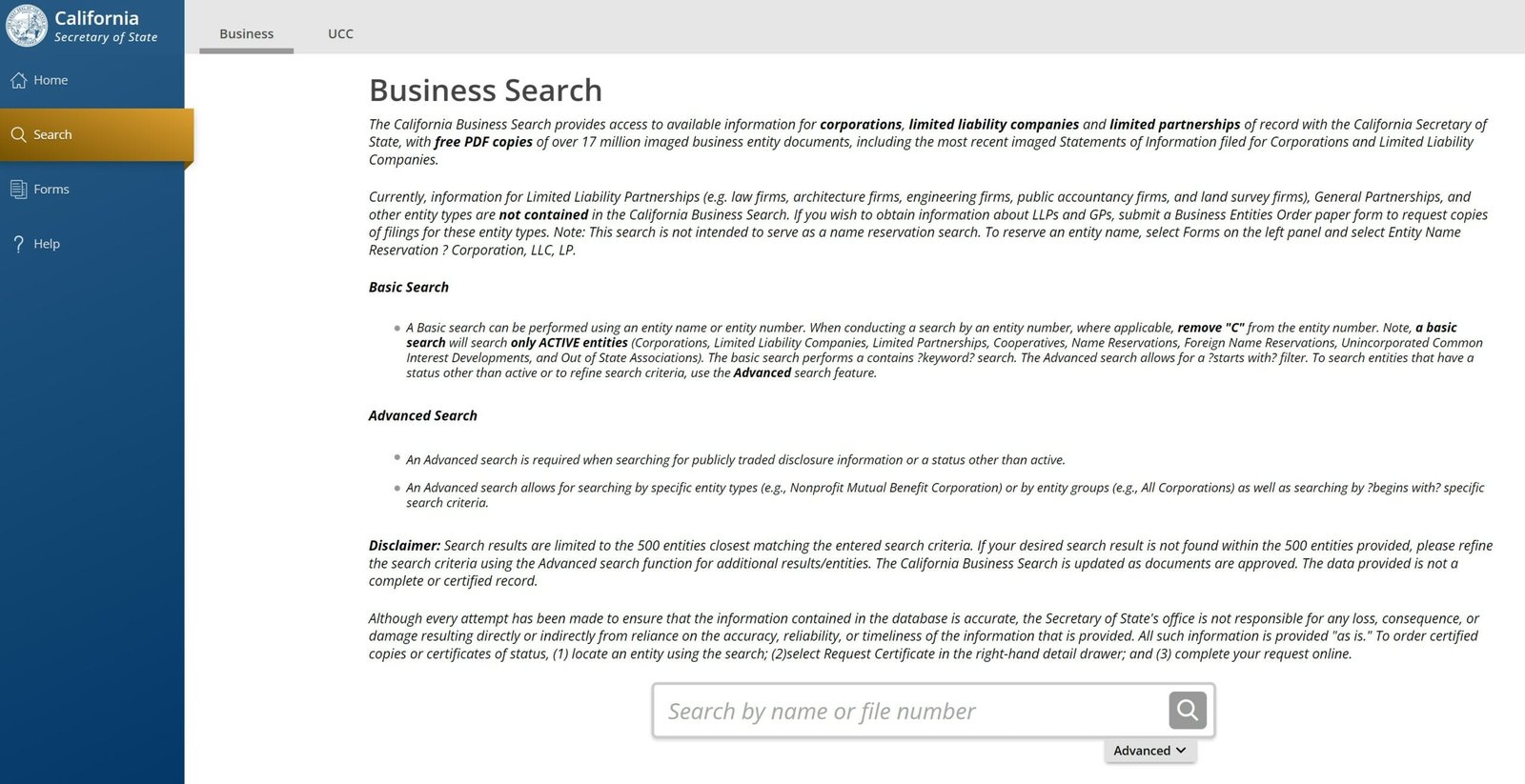 California business name search page