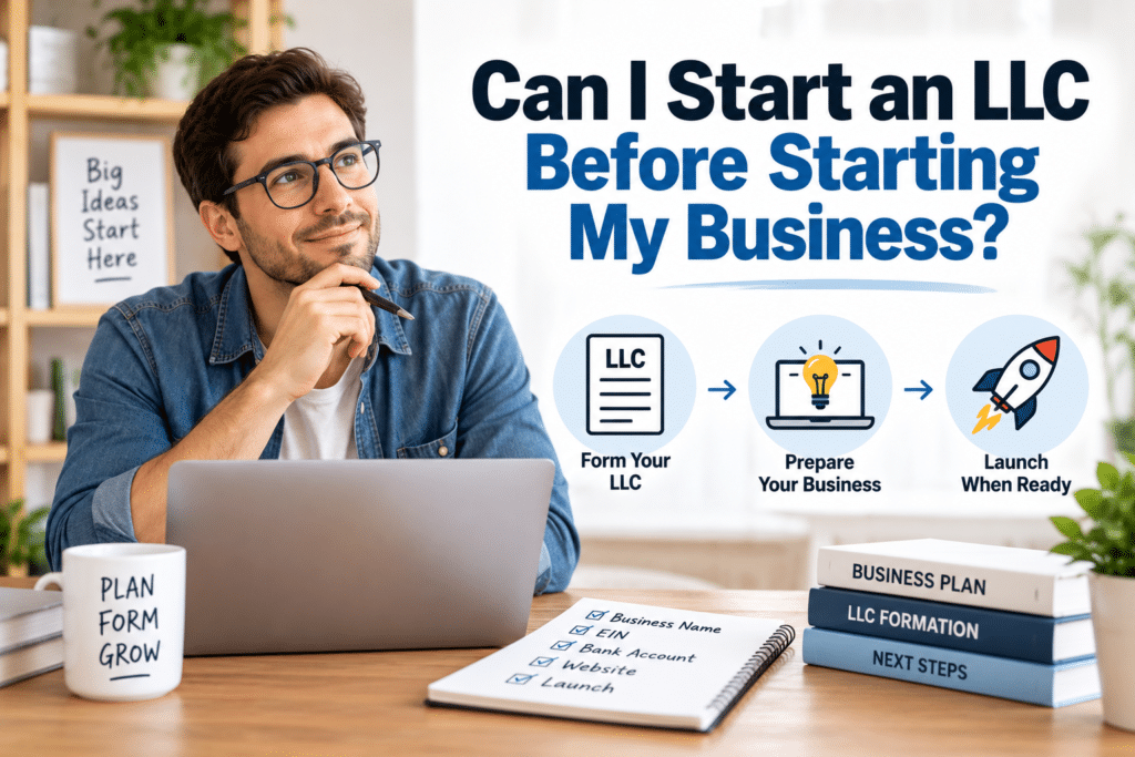 Male at a desk with a laptop with text, Can I Start an LLC Before Starting My Business?