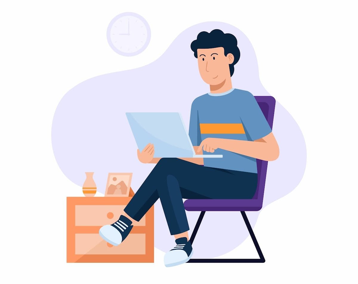 An illustration of a man sitting in a chair with a laptop and checking if a business name is trademarked