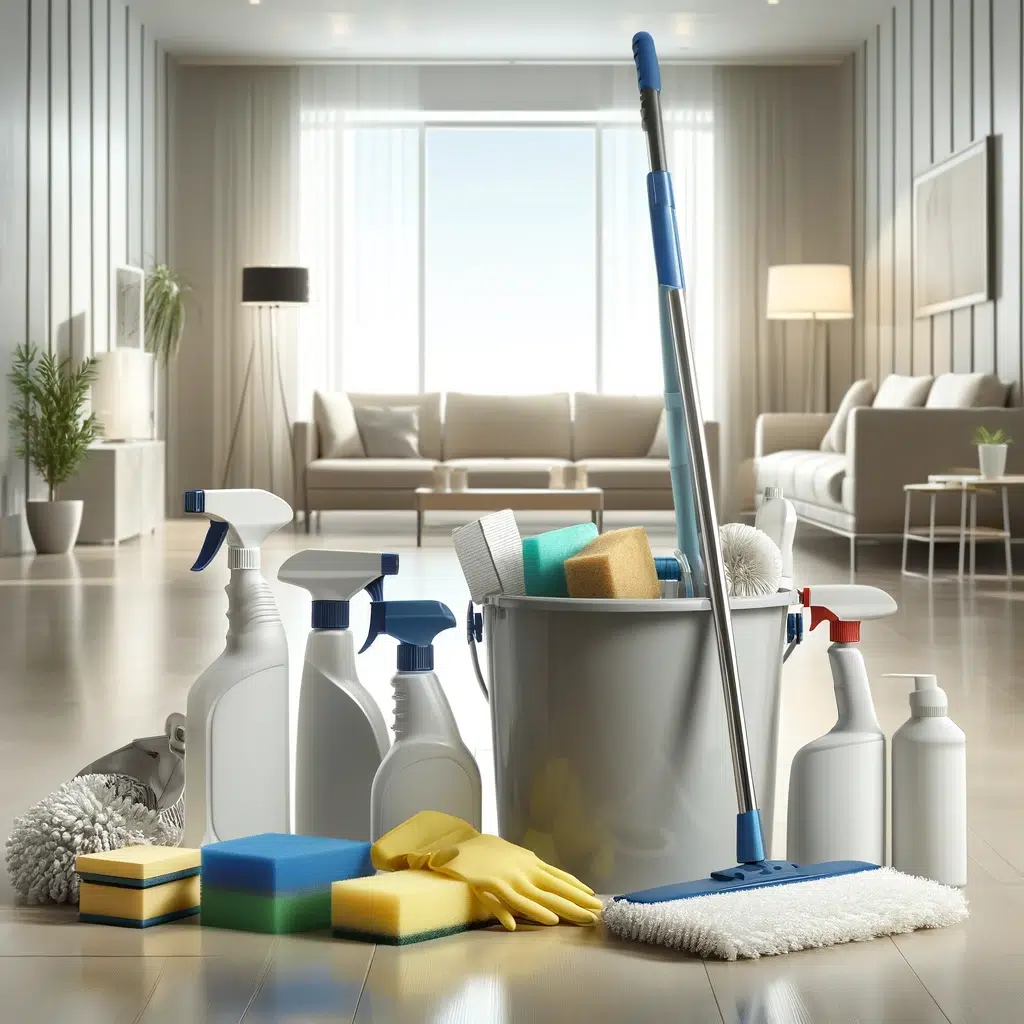 Cleaning Business Names. Cleaning equipment on the floor of a residential room.