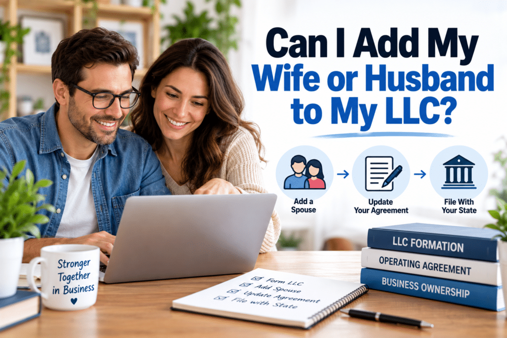 Husband and wife at a desk with a laptop with the texts, Can I Add My Wife or Husband to My LLC?