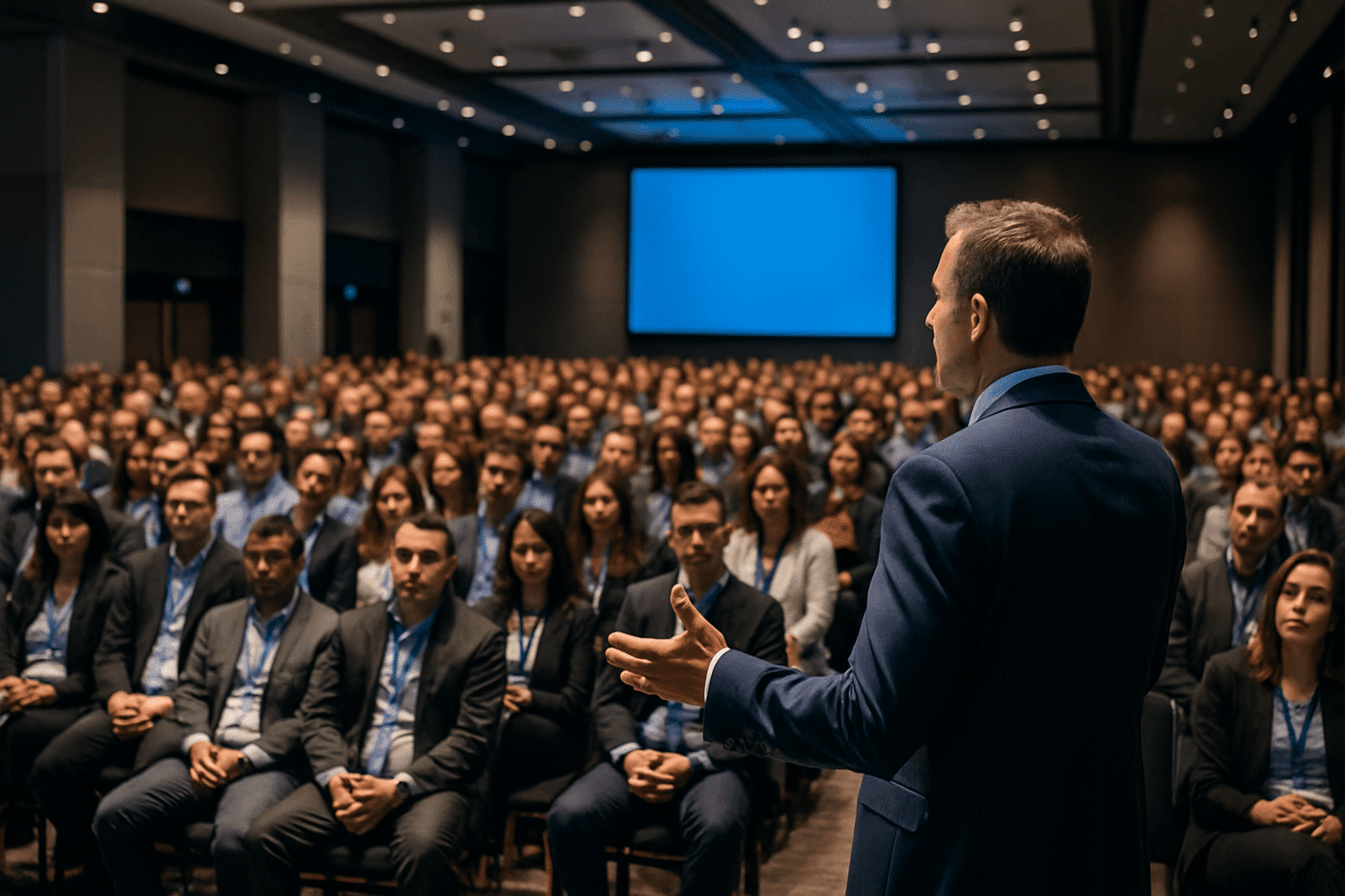 Event Photography. Speaker speaking to a large crowd at an indoor event.