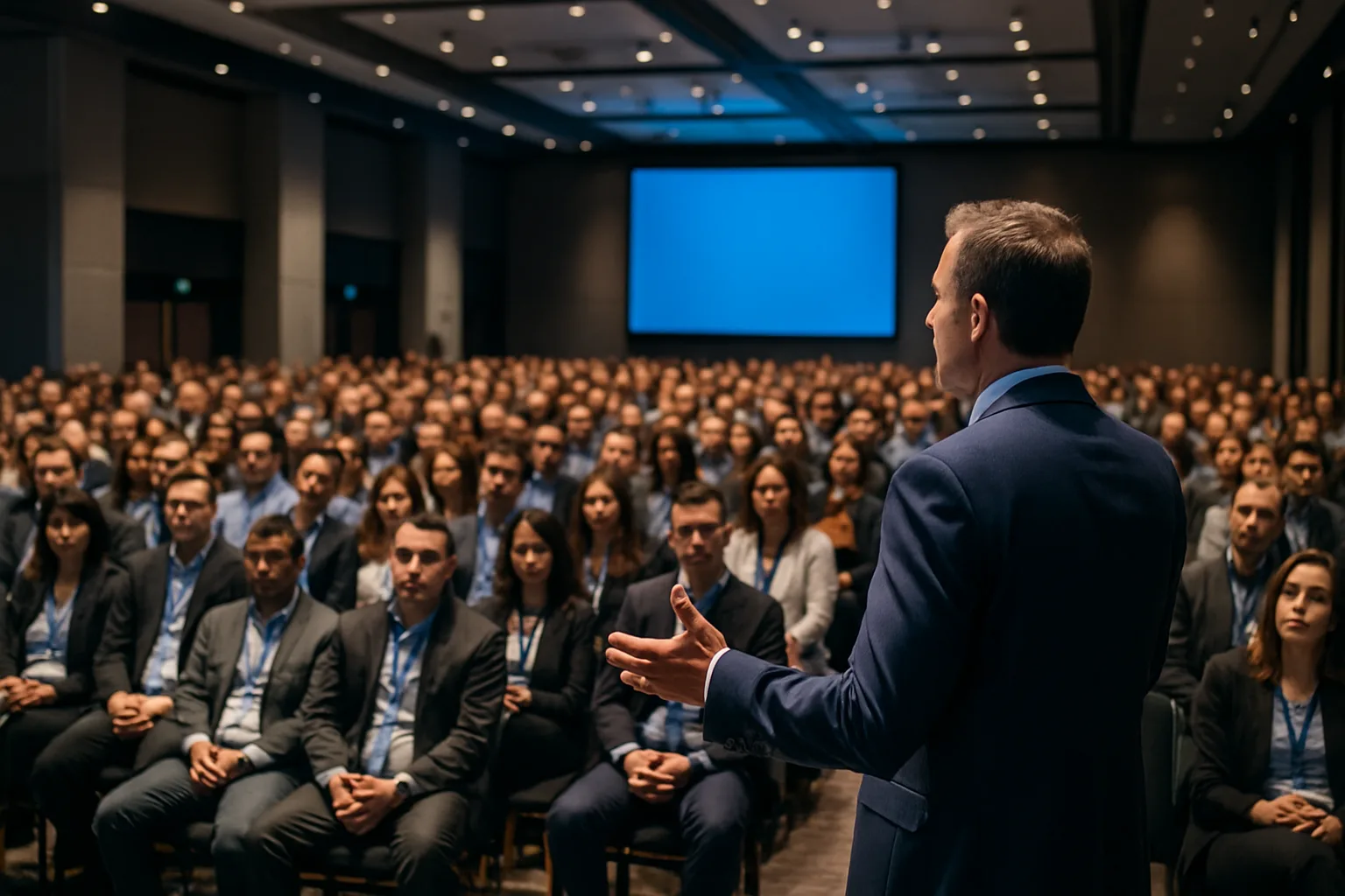 Event Photography. Speaker speaking to a large crowd at an indoor event.