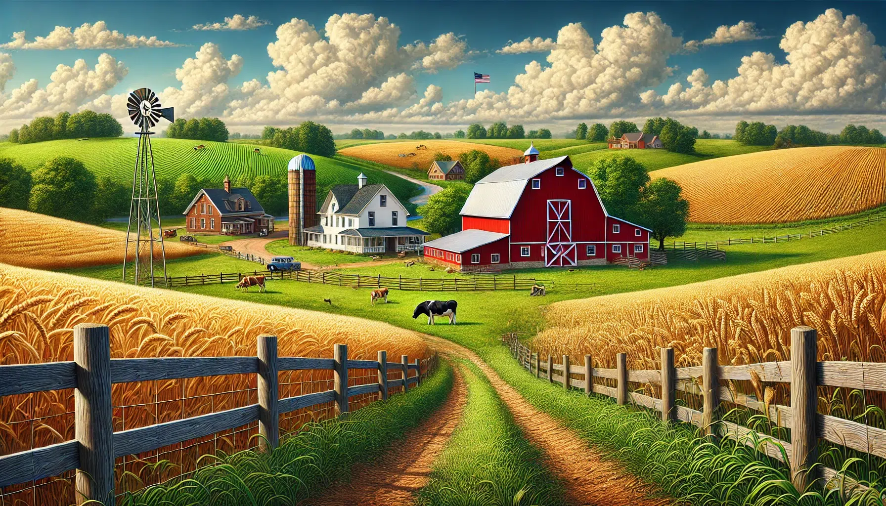 Farm, USA. Wheat fields, large red barn, farm house.