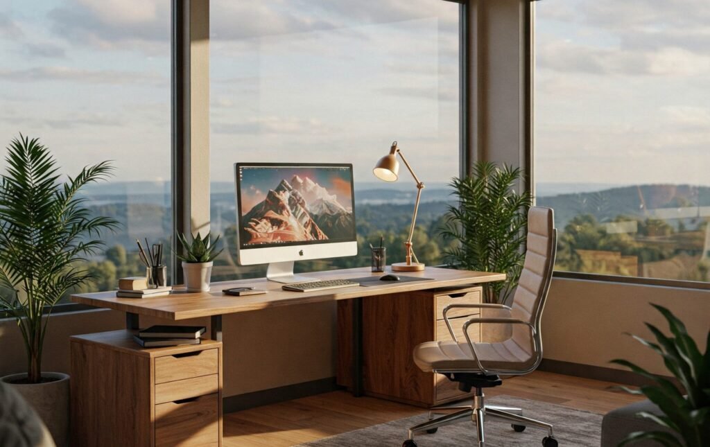 Attractive home office with desk, computer and window view of outside.