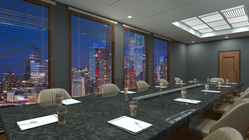 How to Form a Corporation? A corporate boardroom with a view of the skyline.