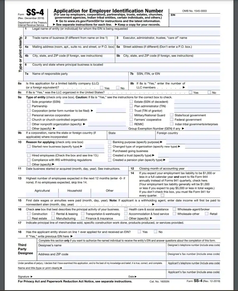 IRS Form SS 4 Application for EIN