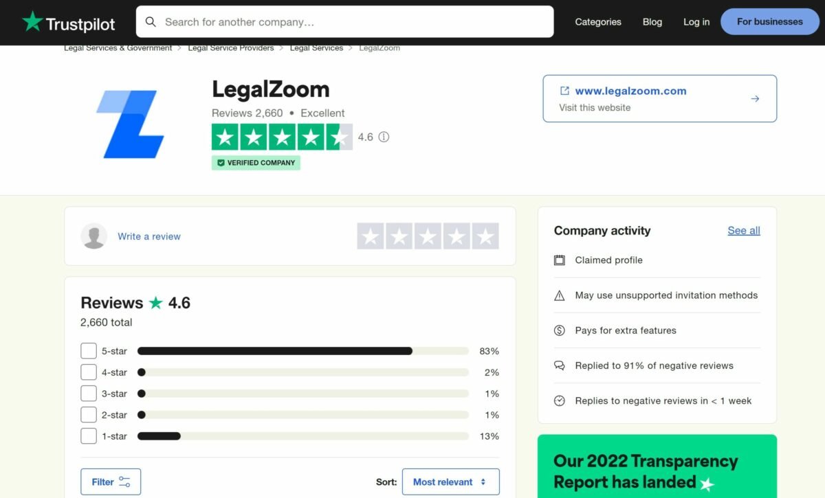 LegalZoom Trustpilot reviews