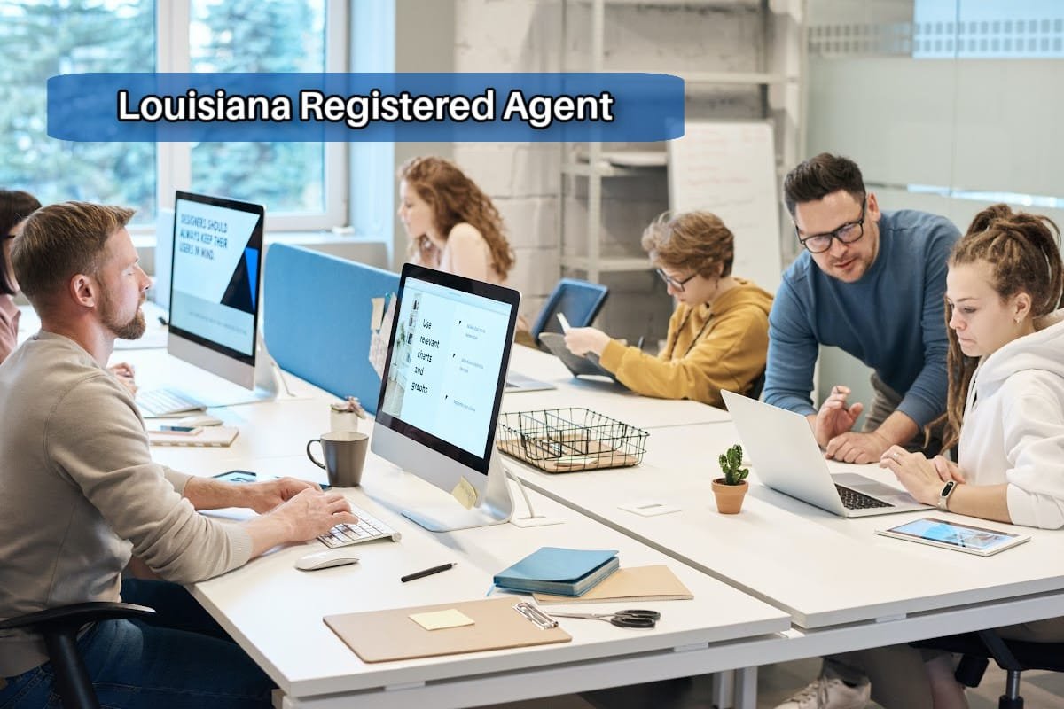 A Louisiana registered agent office with several agents working.