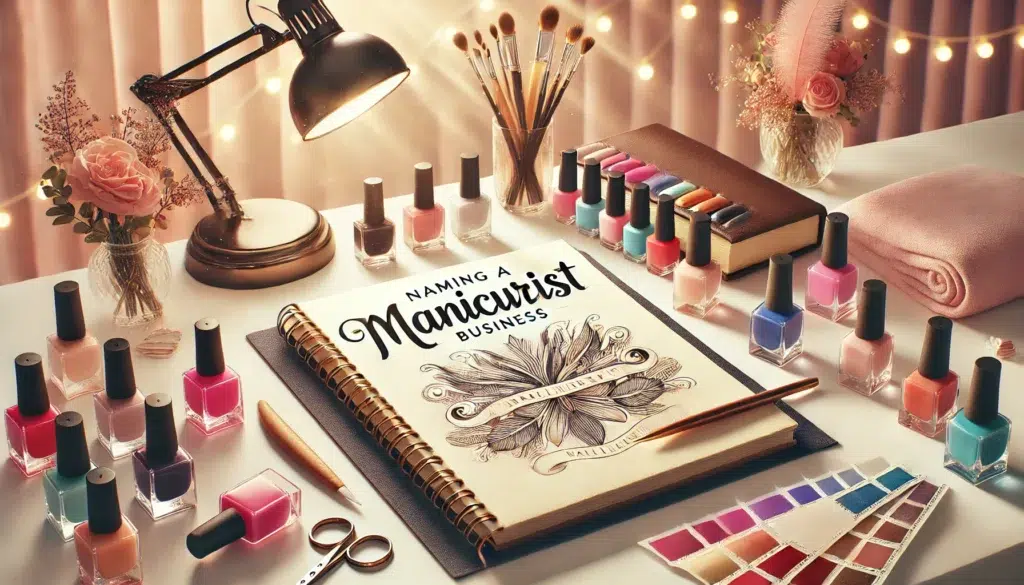 Manicurist business name ideas. A manicurist desk with a book on naming a manicurist business.