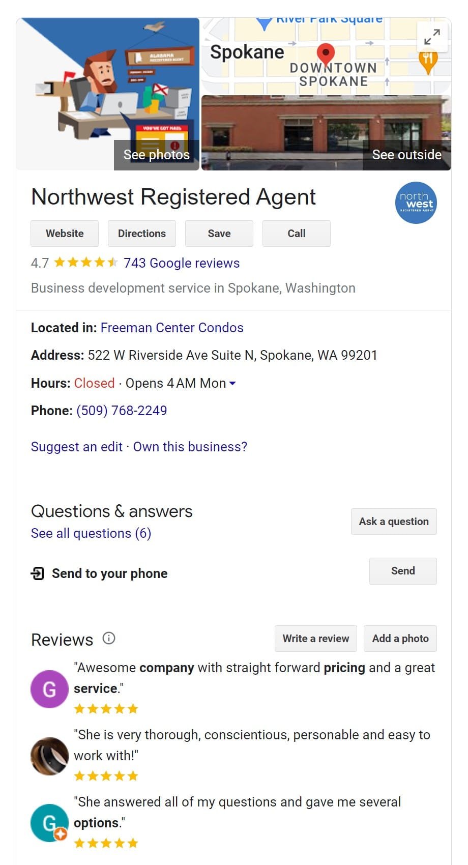 Northwest Registered Agent, Google Reviews 2023