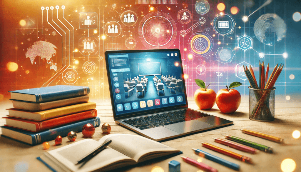 Online Learning. A laptop on a desk. The laptop screen shows a classroom with students.
