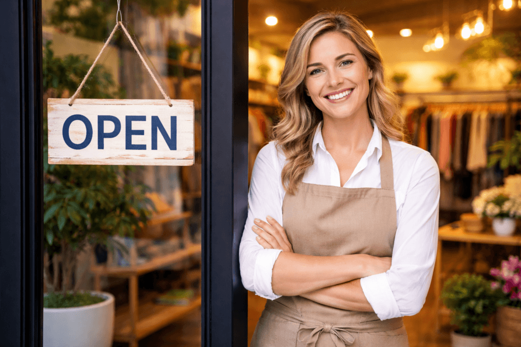 Woman in front of a retail business with an open sign in front