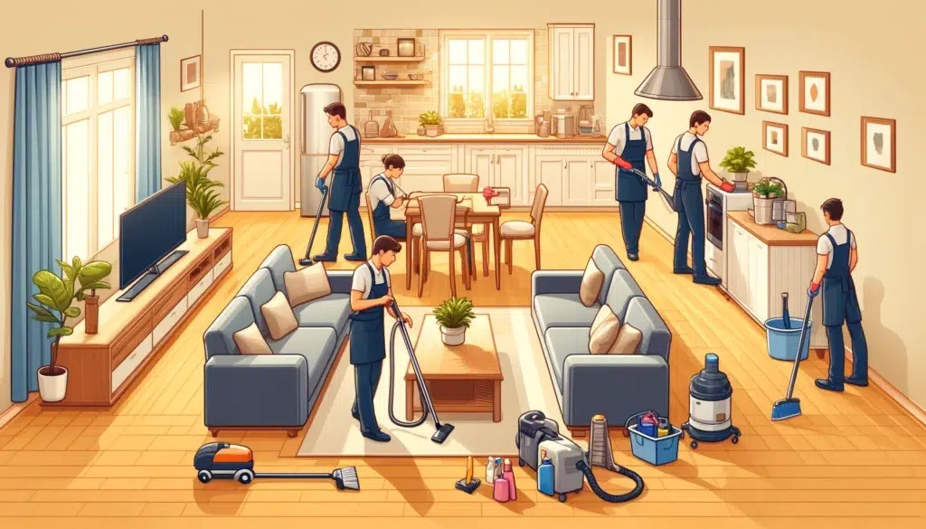 Residential Cleaning. An illustration depicting a professional team of cleaners working in a cozy, well-decorated home, reflecting the high standards of cleanliness and professionalism described in the article.