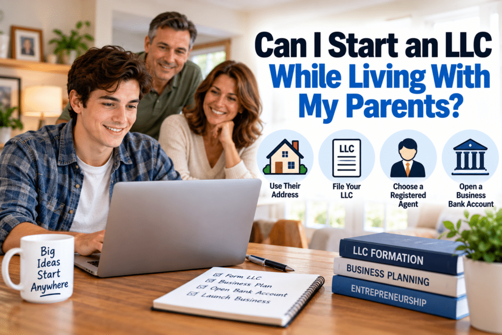 Young man with his parents at a desk with a laptop, and the texts, Can I Start an LLC While Living With My Parents?