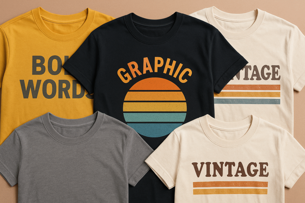 Various t-shirts with designs.