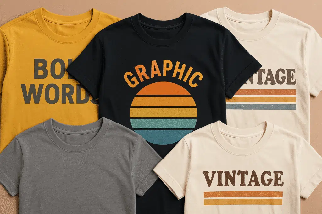 Various t-shirts with designs.