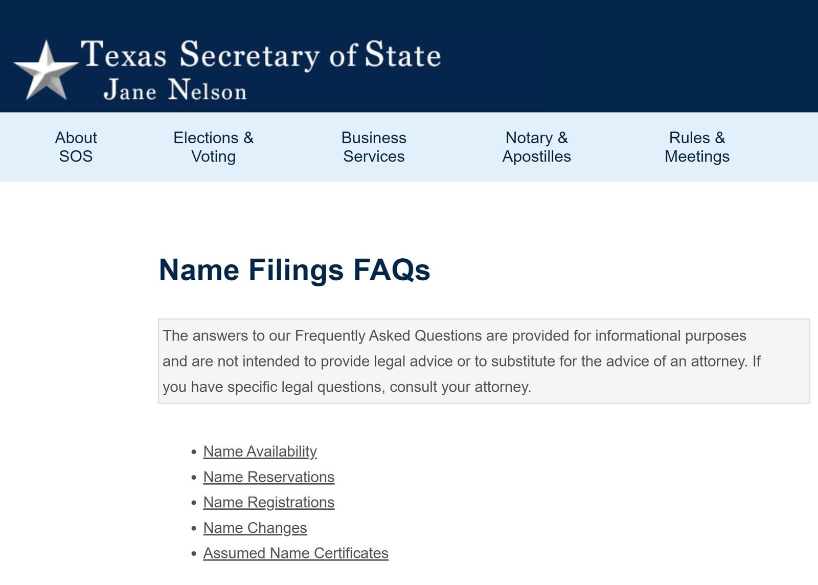 Texas Secretary of State Name Filing FAQs Page