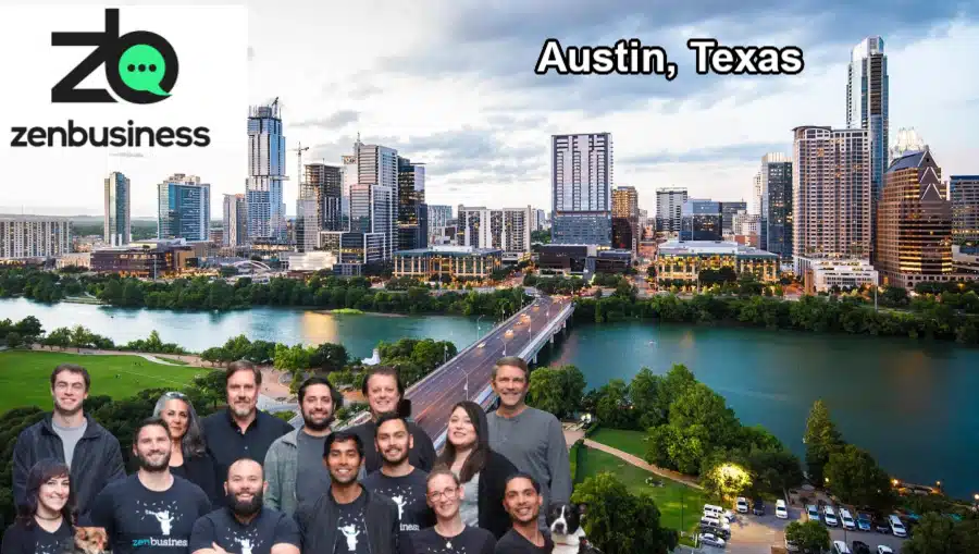 ZenBusiness, Austin, Texas ZenBusiness personnel with skyline view of Austin, Texas in the background