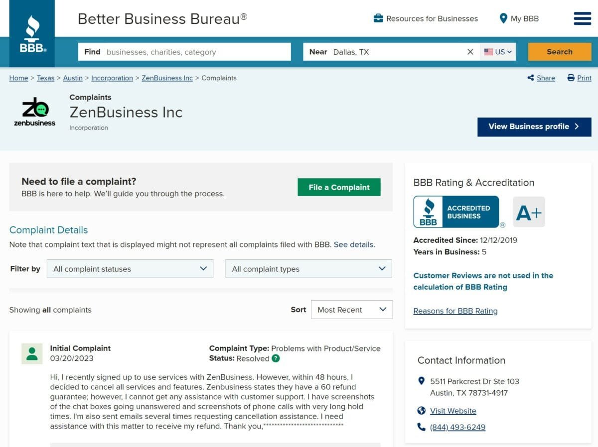 ZenBusiness BBB Rating