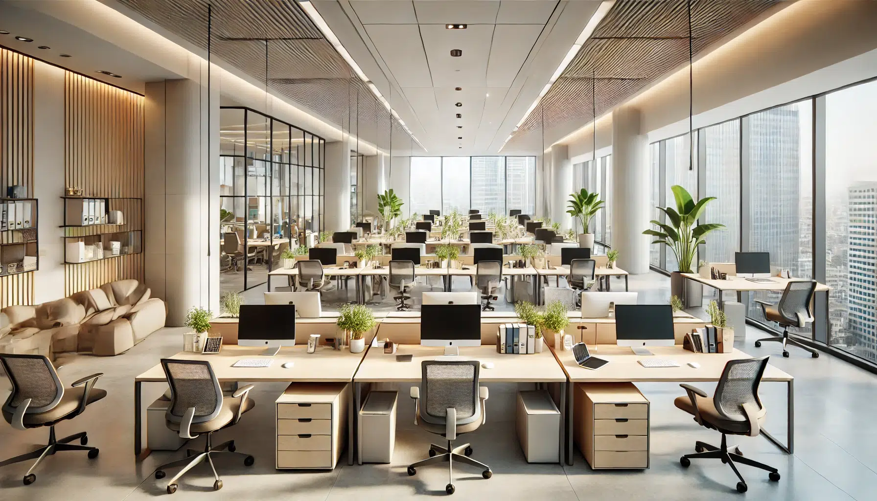 A registered agent office. An empty office with several desks and computers at each desk.